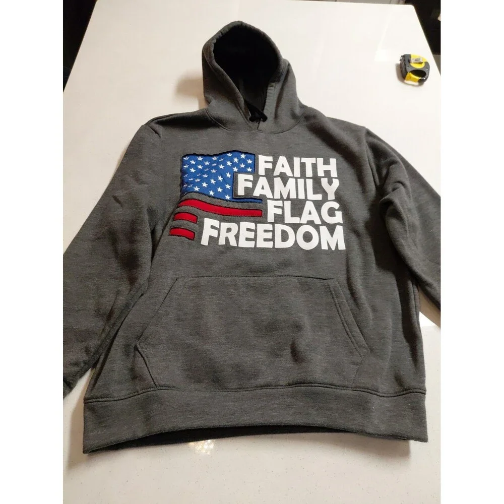American Legends Sweatshirt Men’s XL Gray Hooded Faith Family Flag Freedom